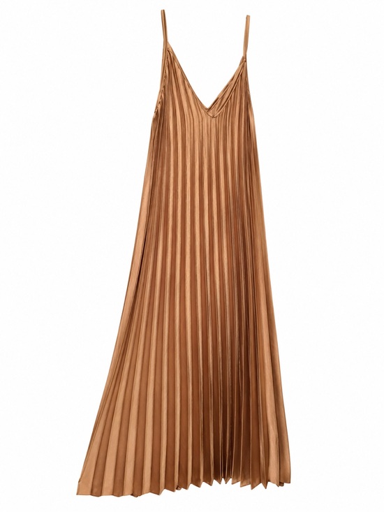 Dresses & Skirts - Pleated Satin Slip Dress — Tan
